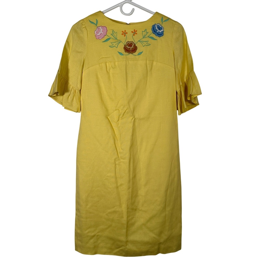 Vintage 60s Yellow Shift Dress Monique New York Floral Embroidered Ruffle Sleeve